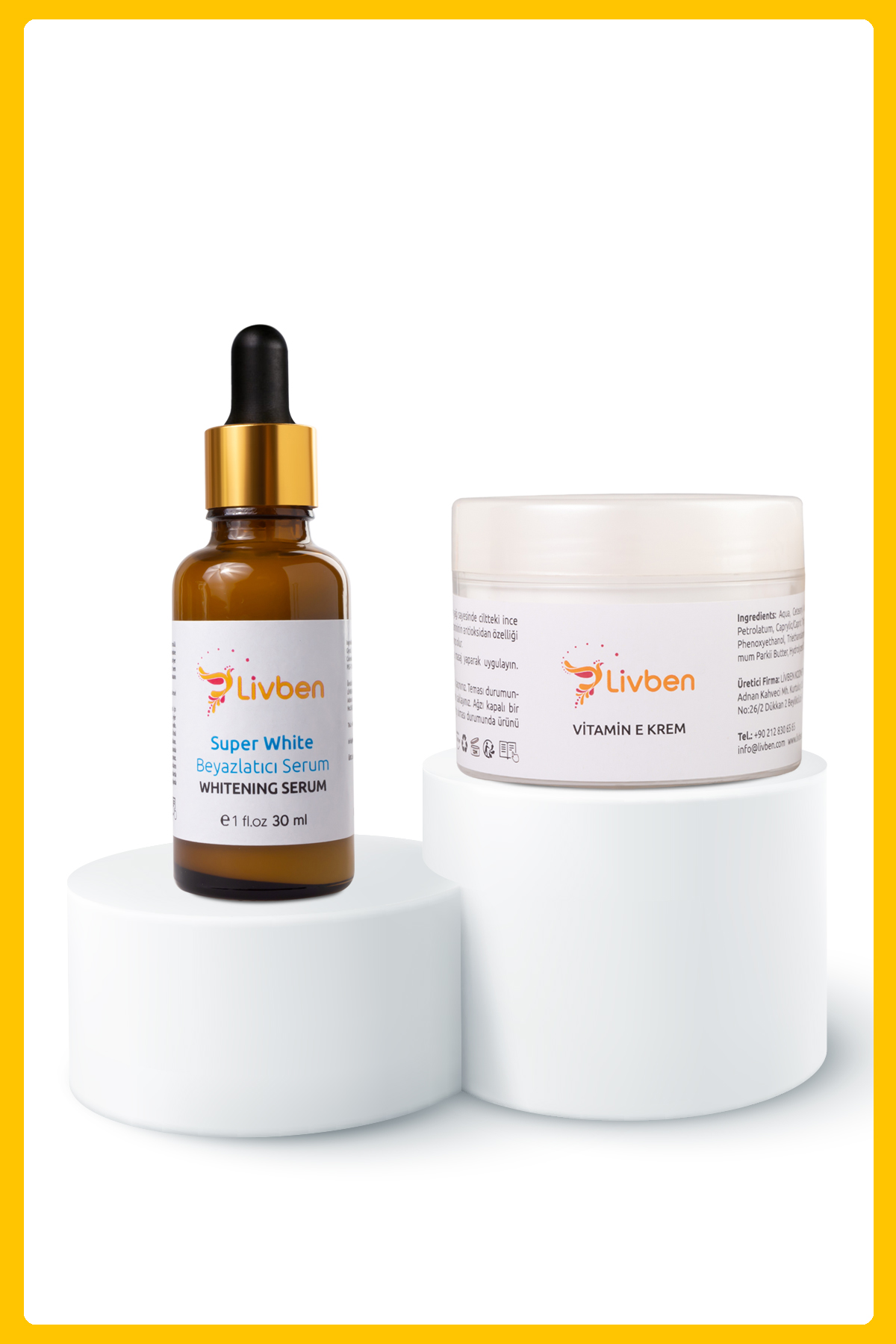 Livben ® Cilt Tonu Eşitleyici Beyazlatıcı Serum 30 ml ve Yaşlanma Karşıtı Vitamin E Krem 100 Ml
